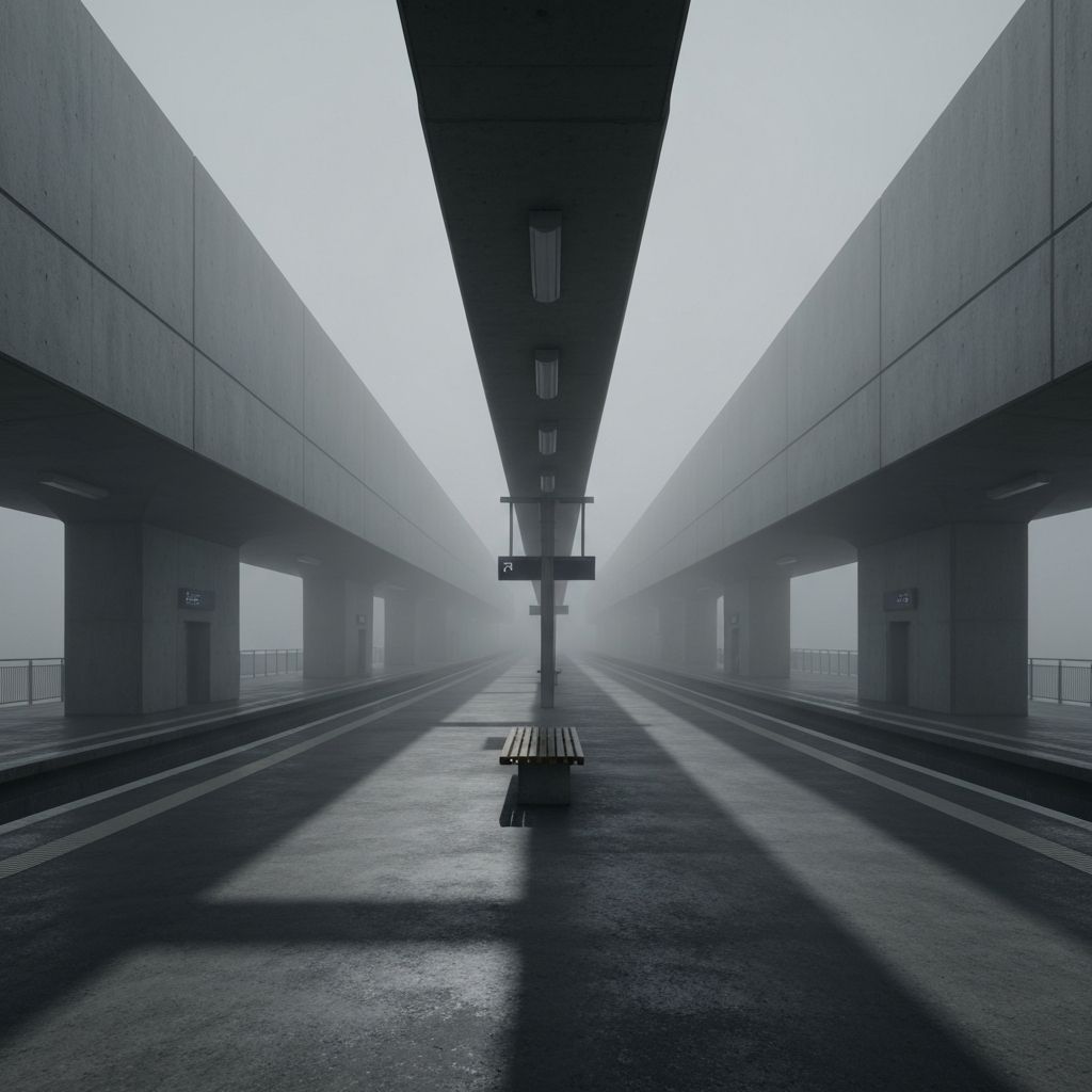 Empty train platform in fog